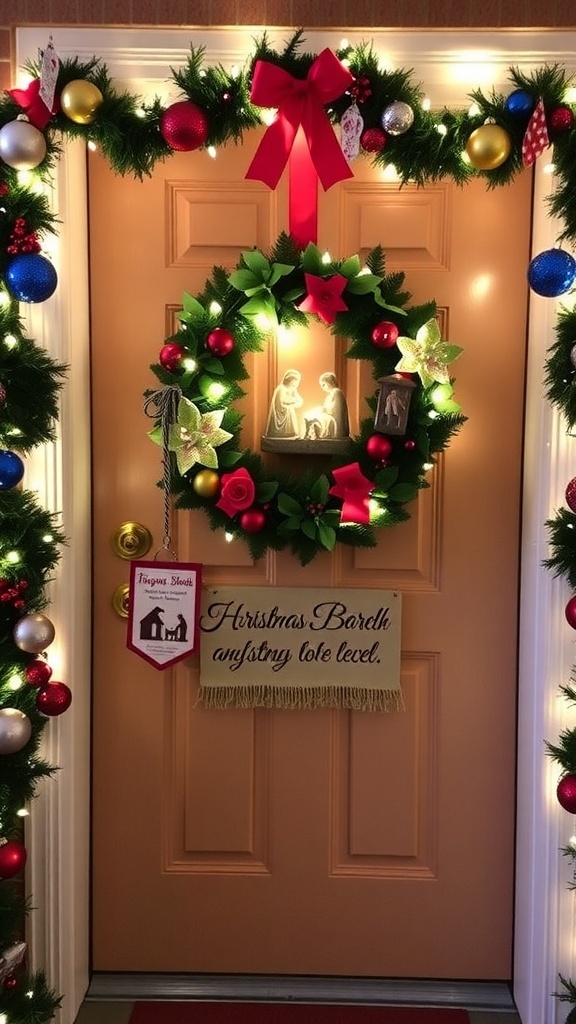 A Christmas door decorated with a nativity wreath, lights, and scripture banner.